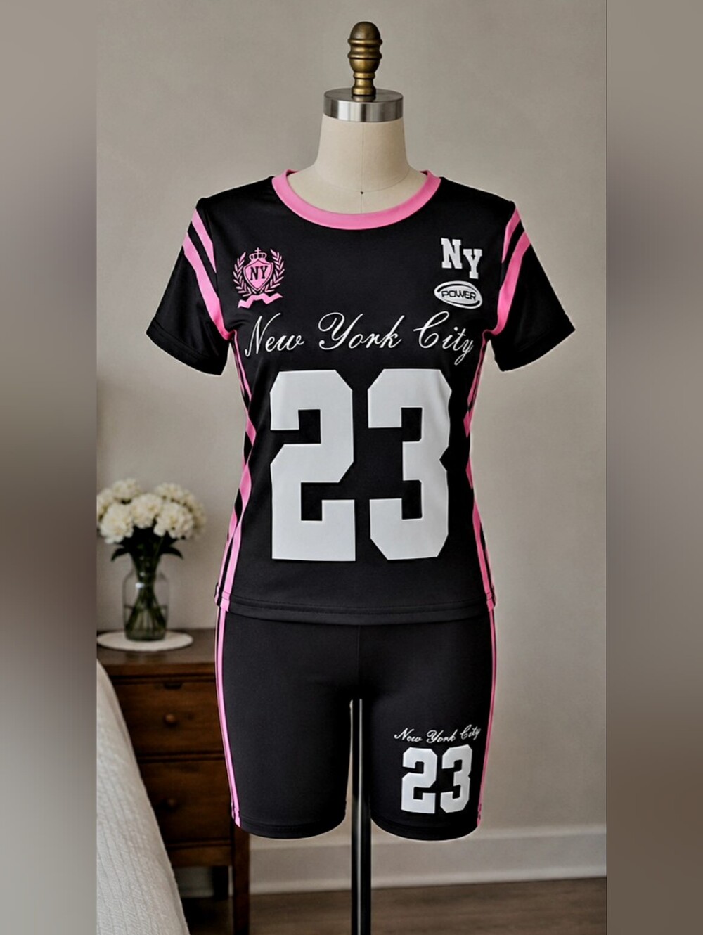 NY Power 23 Athletic Short Set XS Black Pink 2 Piece Outfit NWT